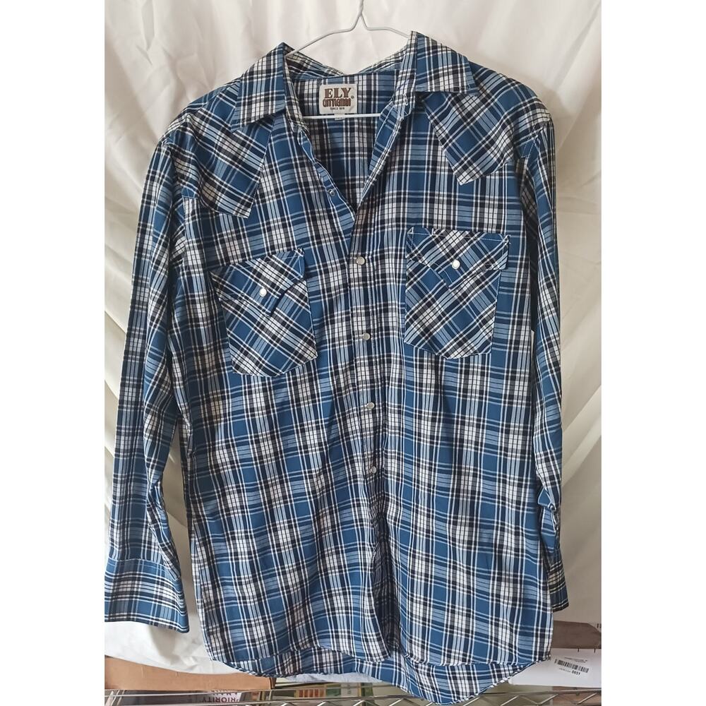 Ely Cattleman Blue Plaid Pearl Snap Western Shirt Long sleeve Medium